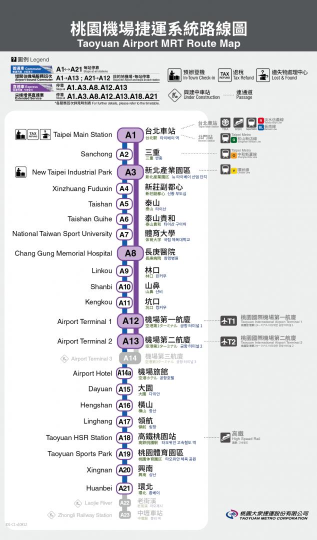 대만 타이베이 공항철도(MRT) 노선도 및 요금